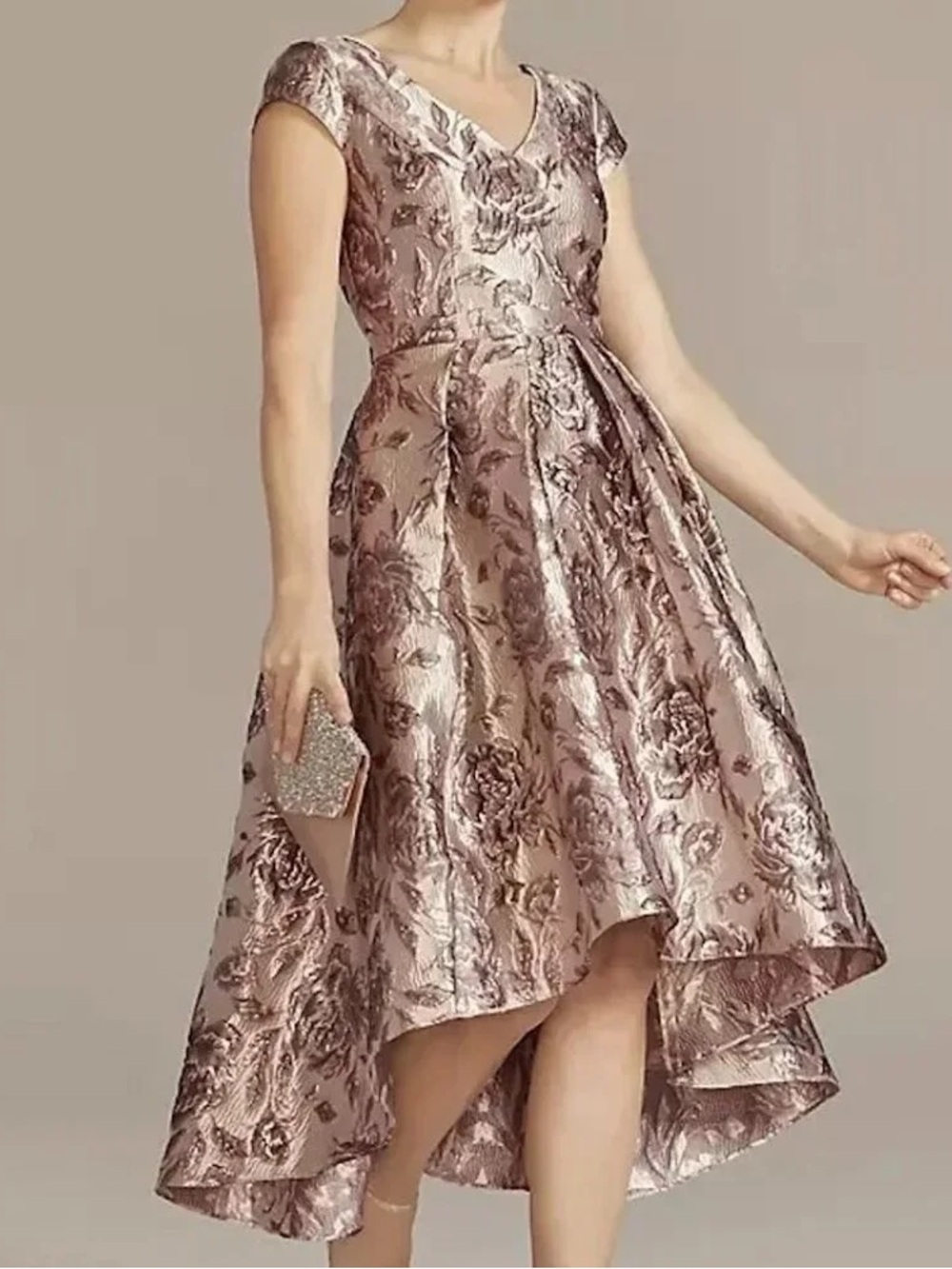 Oleg Cassini Lavender and Silver Floral Fit-and-Flare Dress with Pockets